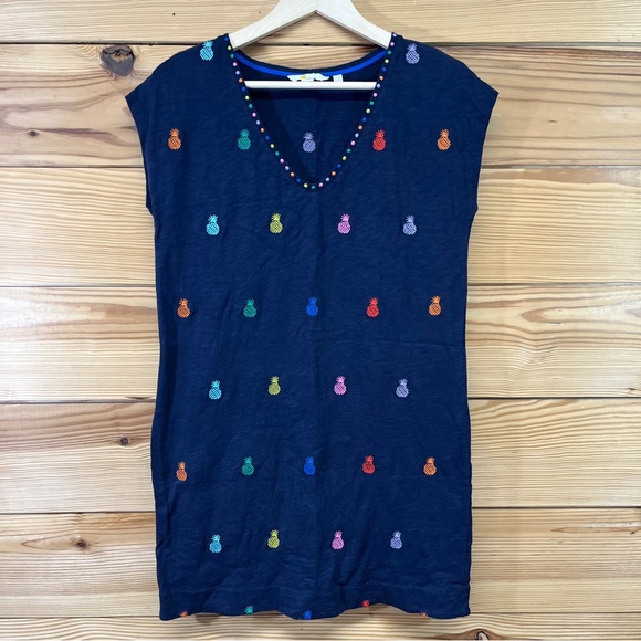 Boden Dress Pineapple Polly Embroidered Navy Blue 8P V-Neck Cap Sleeve B139 - Picture 1 of 12